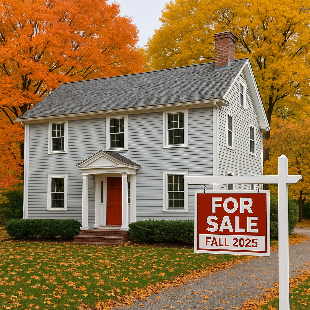 A traditional New England home in Massachusetts surrounded by bright fall foliage with a “For Sale Fall 2025” sign in the yard, representing the MA and NH real estate market.