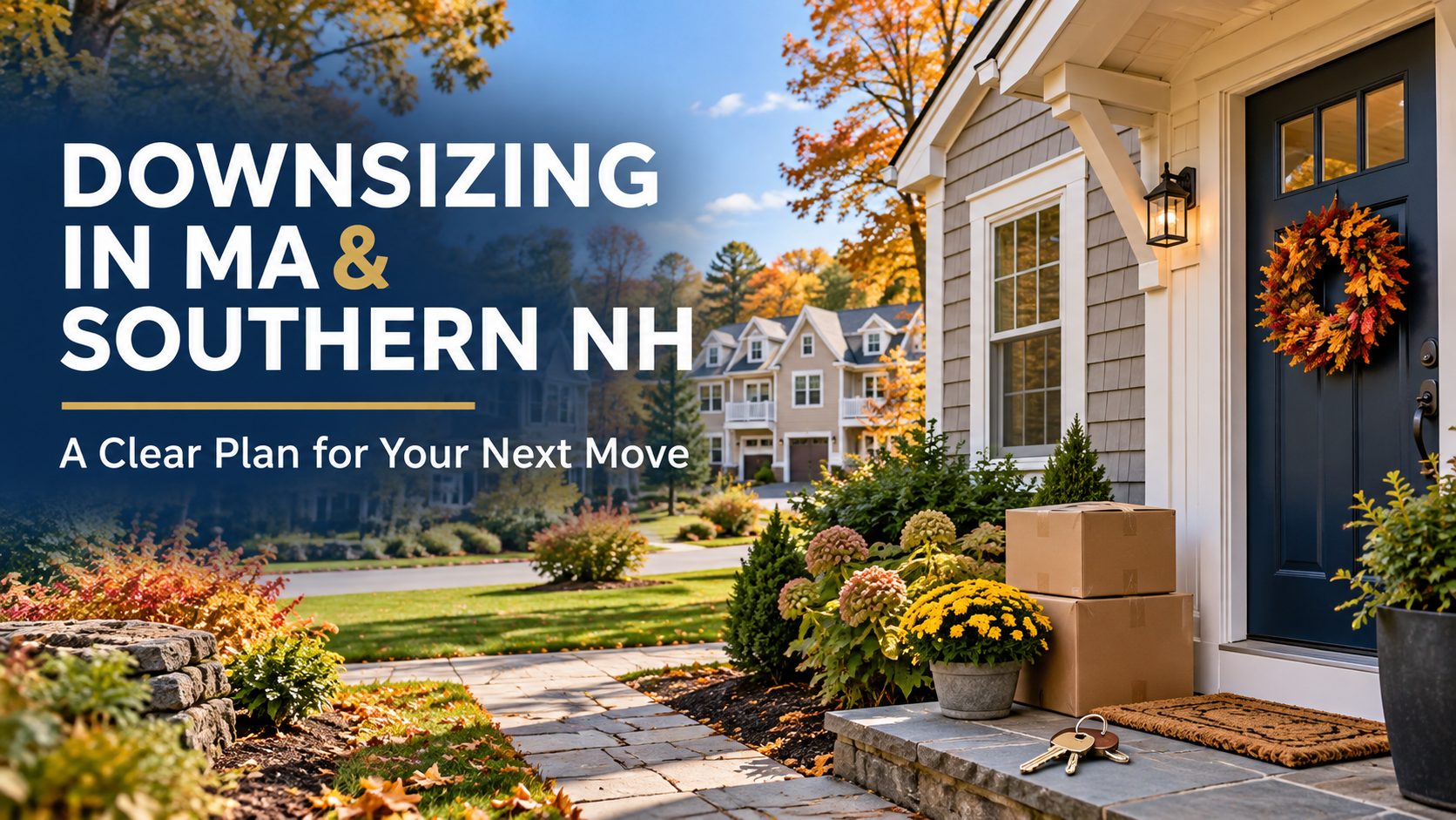 New England home with moving boxes and keys representing a planned downsizing move in Middlesex County, MA and Southern New Hampshire.